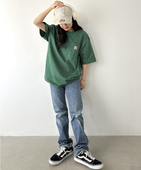 Carhartt(カーハート) /USA規格 ヘビーウェイト ルーズフィット ポケT ビッグサイズ オーバーサイズ ユニセックス ポケット付き コットン 半袖 Tシャツ 5部袖 1/2スリーブ | L2202001 | グリーン