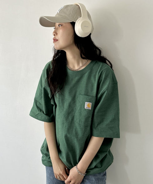 Carhartt(カーハート) /USA規格 ヘビーウェイト ルーズフィット ポケT ビッグサイズ オーバーサイズ ユニセックス ポケット付き コットン 半袖 Tシャツ 5部袖 1/2スリーブ | L2202001 | グリーン