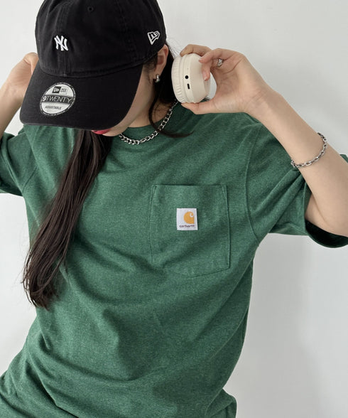 Carhartt(カーハート) /USA規格 ヘビーウェイト ルーズフィット ポケT ビッグサイズ オーバーサイズ ユニセックス ポケット付き コットン 半袖 Tシャツ 5部袖 1/2スリーブ | L2202001 | グリーン