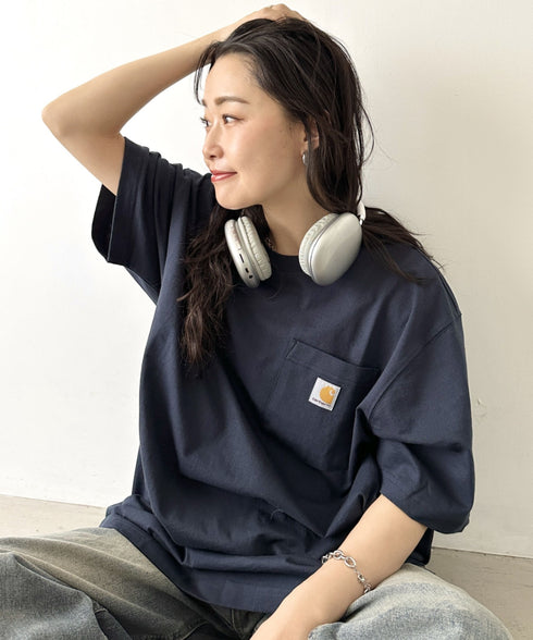 Carhartt(カーハート) /USA規格 ヘビーウェイト ルーズフィット ポケT ビッグサイズ オーバーサイズ ユニセックス ポケット付き コットン 半袖 Tシャツ 5部袖 1/2スリーブ | L2202001 | ネイビー