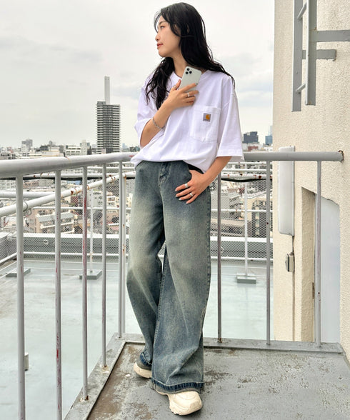 Carhartt(カーハート) /USA規格 ヘビーウェイト ルーズフィット ポケT ビッグサイズ オーバーサイズ ユニセックス ポケット付き コットン 半袖 Tシャツ 5部袖 1/2スリーブ | L2202001 | ホワイト