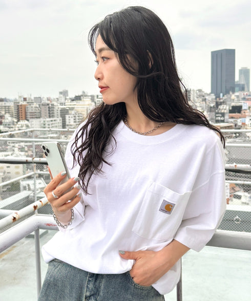 Carhartt(カーハート) /USA規格 ヘビーウェイト ルーズフィット ポケT ビッグサイズ オーバーサイズ ユニセックス ポケット付き コットン 半袖 Tシャツ 5部袖 1/2スリーブ | L2202001 | ホワイト
