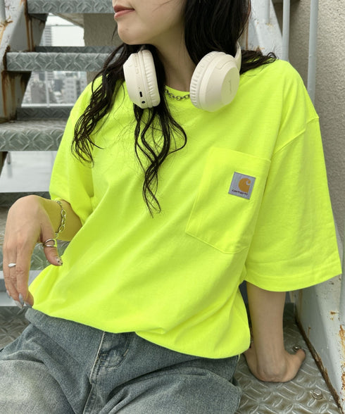 Carhartt(カーハート) /USA規格 ヘビーウェイト ルーズフィット ポケT ビッグサイズ オーバーサイズ ユニセックス ポケット付き コットン 半袖 Tシャツ 5部袖 1/2スリーブ | L2202001 | ライム