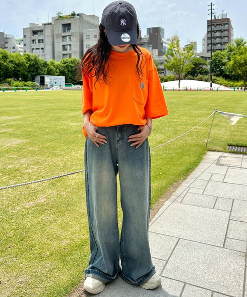Carhartt(カーハート) /USA規格 ヘビーウェイト ルーズフィット ポケT ビッグサイズ オーバーサイズ ユニセックス ポケット付き コットン 半袖 Tシャツ 5部袖 1/2スリーブ | L2202001 | オレンジ