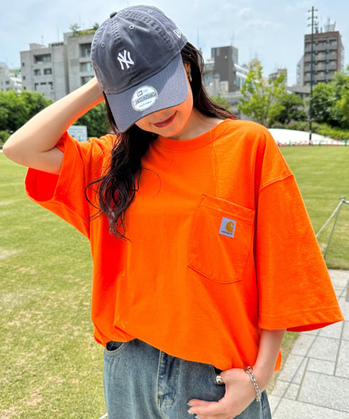 Carhartt(カーハート) /USA規格 ヘビーウェイト ルーズフィット ポケT ビッグサイズ オーバーサイズ ユニセックス ポケット付き コットン 半袖 Tシャツ 5部袖 1/2スリーブ | L2202001 | オレンジ