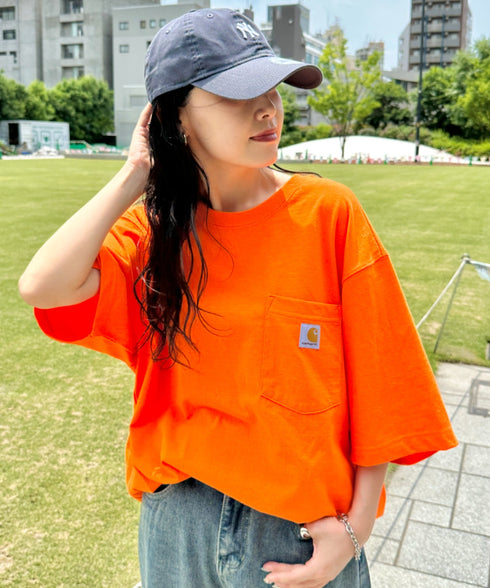 Carhartt(カーハート) /USA規格 ヘビーウェイト ルーズフィット ポケT ビッグサイズ オーバーサイズ ユニセックス ポケット付き コットン 半袖 Tシャツ 5部袖 1/2スリーブ | L2202001 | オレンジ