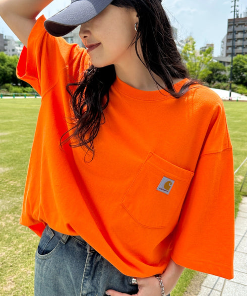 Carhartt(カーハート) /USA規格 ヘビーウェイト ルーズフィット ポケT ビッグサイズ オーバーサイズ ユニセックス ポケット付き コットン 半袖 Tシャツ 5部袖 1/2スリーブ | L2202001 | オレンジ