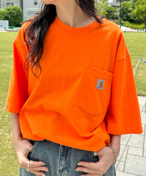Carhartt(カーハート) /USA規格 ヘビーウェイト ルーズフィット ポケT ビッグサイズ オーバーサイズ ユニセックス ポケット付き コットン 半袖 Tシャツ 5部袖 1/2スリーブ | L2202001 | オレンジ