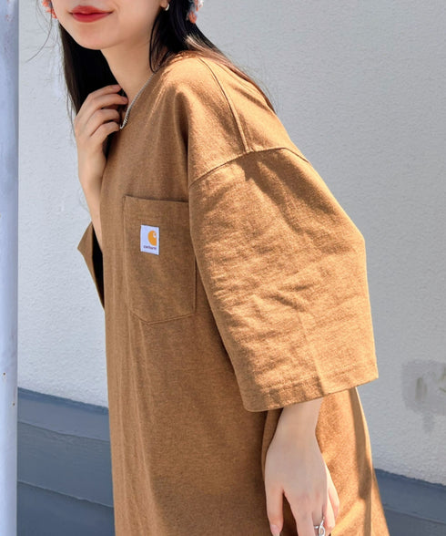 Carhartt(カーハート) /USA規格 ヘビーウェイト ルーズフィット ポケT ビッグサイズ オーバーサイズ ユニセックス ポケット付き コットン 半袖 Tシャツ 5部袖 1/2スリーブ | L2202001 | ブラウン