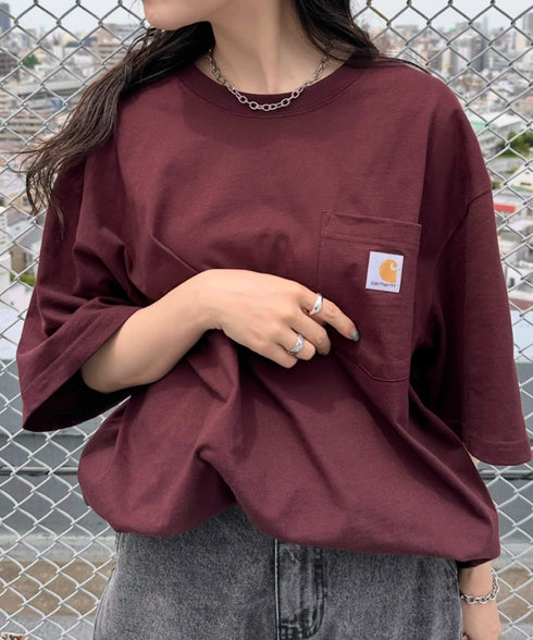 Carhartt(カーハート) /USA規格 ヘビーウェイト ルーズフィット ポケT ビッグサイズ オーバーサイズ ユニセックス ポケット付き コットン 半袖 Tシャツ 5部袖 1/2スリーブ | L2202001 | ワインレッド