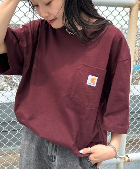 Carhartt(カーハート) /USA規格 ヘビーウェイト ルーズフィット ポケT ビッグサイズ オーバーサイズ ユニセックス ポケット付き コットン 半袖 Tシャツ 5部袖 1/2スリーブ | L2202001 | ワインレッド