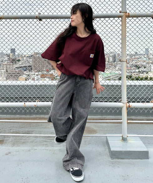Carhartt(カーハート) /USA規格 ヘビーウェイト ルーズフィット ポケT ビッグサイズ オーバーサイズ ユニセックス ポケット付き コットン 半袖 Tシャツ 5部袖 1/2スリーブ | L2202001 | ワインレッド