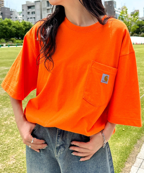 Carhartt(カーハート) /USA規格 ヘビーウェイト ルーズフィット ポケT ビッグサイズ オーバーサイズ ユニセックス ポケット付き コットン 半袖 Tシャツ 5部袖 1/2スリーブ | L2202001 | オレンジ
