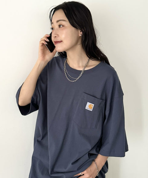Carhartt(カーハート) /USA規格 ヘビーウェイト ルーズフィット ポケT ビッグサイズ オーバーサイズ ユニセックス ポケット付き コットン 半袖 Tシャツ 5部袖 1/2スリーブ | L2202001 | ブルー
