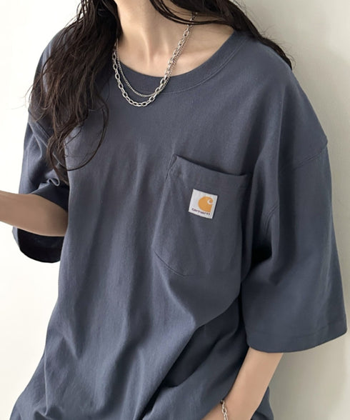 Carhartt(カーハート) /USA規格 ヘビーウェイト ルーズフィット ポケT ビッグサイズ オーバーサイズ ユニセックス ポケット付き コットン 半袖 Tシャツ 5部袖 1/2スリーブ | L2202001 | ブルー