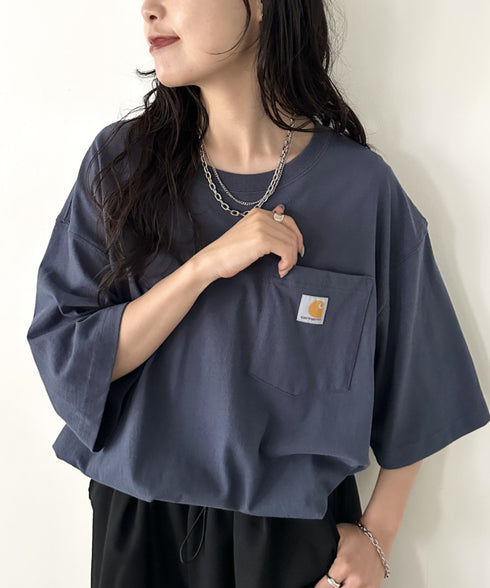 Carhartt(カーハート) /USA規格 ヘビーウェイト ルーズフィット ポケT ビッグサイズ オーバーサイズ ユニセックス ポケット付き コットン 半袖 Tシャツ 5部袖 1/2スリーブ | L2202001 | ブルー