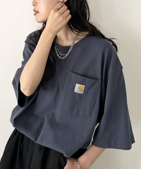 Carhartt(カーハート) /USA規格 ヘビーウェイト ルーズフィット ポケT ビッグサイズ オーバーサイズ ユニセックス ポケット付き コットン 半袖 Tシャツ 5部袖 1/2スリーブ | L2202001 | ブルー