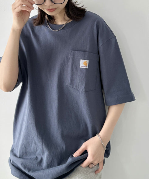 Carhartt(カーハート) /USA規格 ヘビーウェイト ルーズフィット ポケT ビッグサイズ オーバーサイズ ユニセックス ポケット付き コットン 半袖 Tシャツ 5部袖 1/2スリーブ | L2202001 | ブルー