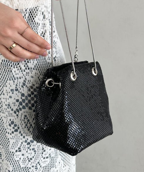 glitter metallic shoulder Bag／グリッターメタリック巾着ショルダーバッグ パーティーバッグ | CL1221909 | ブラック