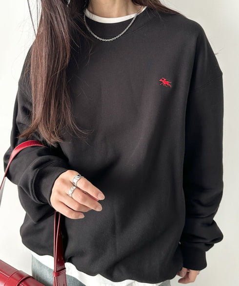 POLOCHAMPS/ポロチャンプス 別注 ワンポイント刺繍 クルーネック 長袖オーバーサイズスウェット | CL2223299 | ブラック