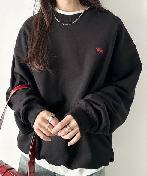 POLOCHAMPS/ポロチャンプス 別注 ワンポイント刺繍 クルーネック 長袖オーバーサイズスウェット | CL2223299 | ブラック