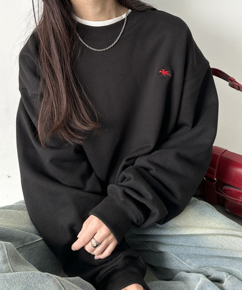 POLOCHAMPS/ポロチャンプス 別注 ワンポイント刺繍 クルーネック 長袖オーバーサイズスウェット | CL2223299 | ブラック