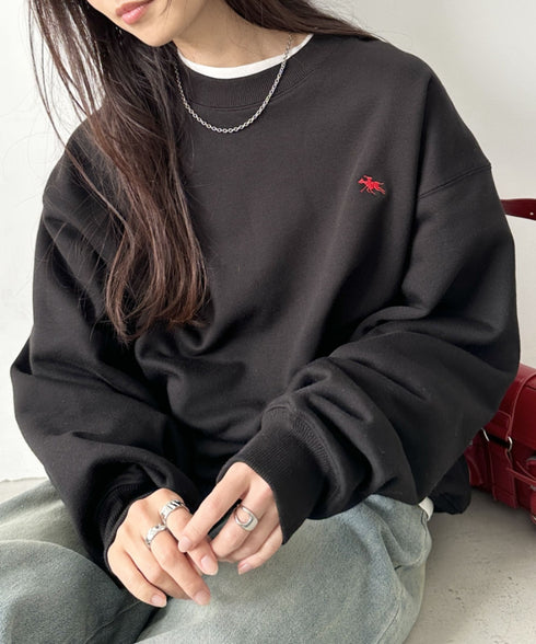 POLOCHAMPS/ポロチャンプス 別注 ワンポイント刺繍 クルーネック 長袖オーバーサイズスウェット | CL2223299 | ブラック