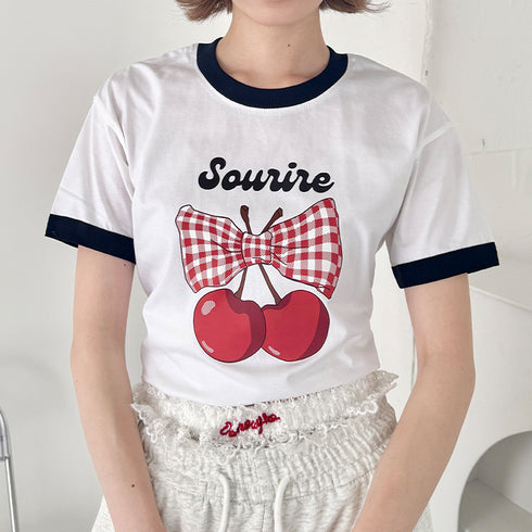 チェリーリボン半袖リンガーTシャツ | SL2252019 | ブラック