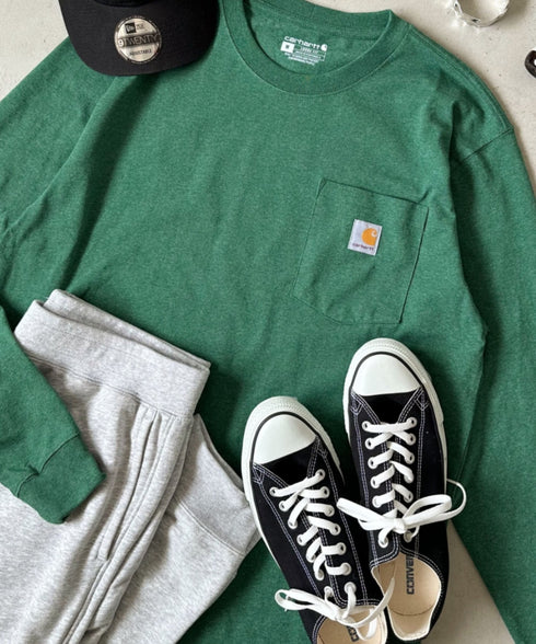 Carhartt(カーハート)/ルーズフィット ロンT ポケT USA規格 ヘビーウェイト ビッグサイズ オーバーサイズ 6.5Oz ユニセックス ポケット付き コットン 長袖 ロンT/K126 | IL2224044 | グリーン