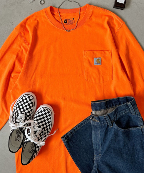 Carhartt(カーハート)/ルーズフィット ロンT ポケT USA規格 ヘビーウェイト ビッグサイズ オーバーサイズ 6.5Oz ユニセックス ポケット付き コットン 長袖 ロンT/K126 | IL2224044 | オレンジ