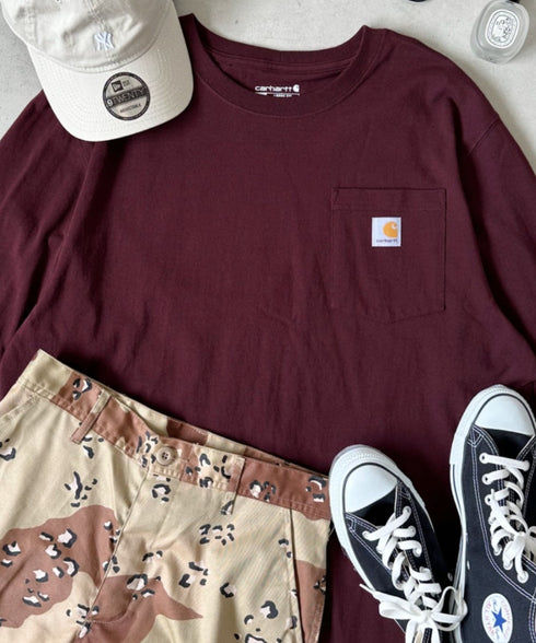 Carhartt(カーハート)/ルーズフィット ロンT ポケT USA規格 ヘビーウェイト ビッグサイズ オーバーサイズ 6.5Oz ユニセックス ポケット付き コットン 長袖 ロンT/K126 | IL2224044 | ワインレッド