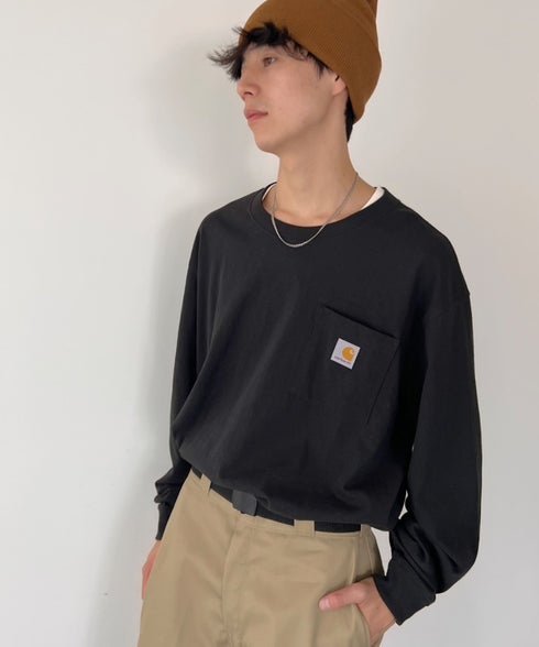 Carhartt(カーハート)/ルーズフィット ロンT ポケT USA規格 ヘビーウェイト ビッグサイズ オーバーサイズ 6.5Oz ユニセックス ポケット付き コットン 長袖 ロンT/K126 | IL2224044 | ブラック