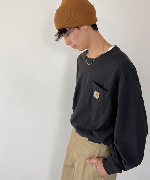 Carhartt(カーハート)/ルーズフィット ロンT ポケT USA規格 ヘビーウェイト ビッグサイズ オーバーサイズ 6.5Oz ユニセックス ポケット付き コットン 長袖 ロンT/K126 | IL2224044 | ブラック