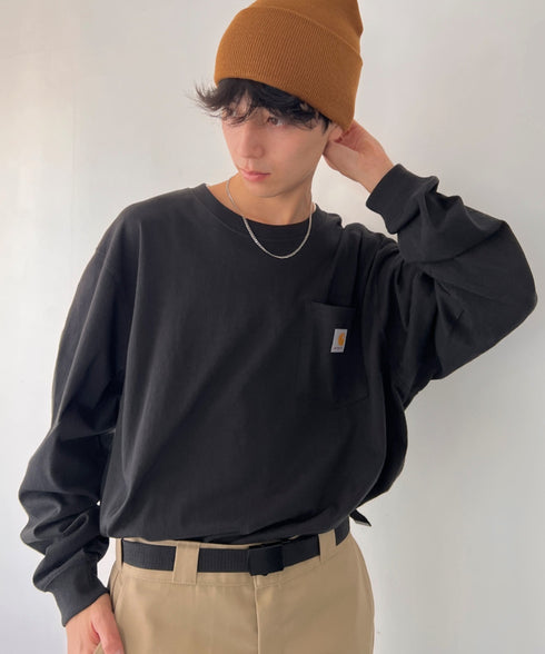 Carhartt(カーハート)/ルーズフィット ロンT ポケT USA規格 ヘビーウェイト ビッグサイズ オーバーサイズ 6.5Oz ユニセックス ポケット付き コットン 長袖 ロンT/K126 | IL2224044 | ブラック