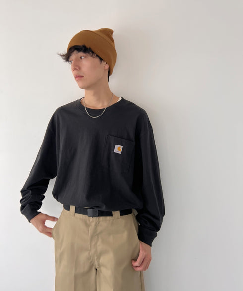 Carhartt(カーハート)/ルーズフィット ロンT ポケT USA規格 ヘビーウェイト ビッグサイズ オーバーサイズ 6.5Oz ユニセックス ポケット付き コットン 長袖 ロンT/K126 | IL2224044 | ブラック