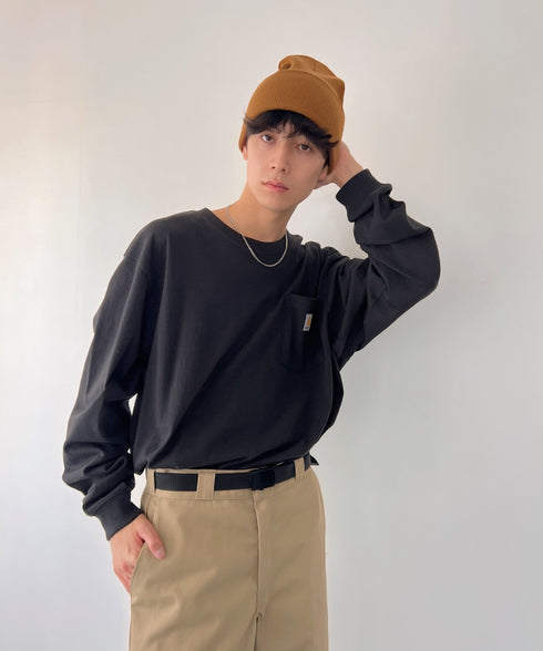 Carhartt(カーハート)/ルーズフィット ロンT ポケT USA規格 ヘビーウェイト ビッグサイズ オーバーサイズ 6.5Oz ユニセックス ポケット付き コットン 長袖 ロンT/K126 | IL2224044 | ブラック