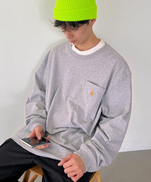 Carhartt(カーハート)/ルーズフィット ロンT ポケT USA規格 ヘビーウェイト ビッグサイズ オーバーサイズ 6.5Oz ユニセックス ポケット付き コットン 長袖 ロンT/K126 | IL2224044 | グレー