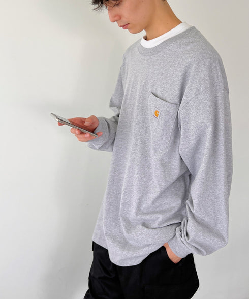 Carhartt(カーハート)/ルーズフィット ロンT ポケT USA規格 ヘビーウェイト ビッグサイズ オーバーサイズ 6.5Oz ユニセックス ポケット付き コットン 長袖 ロンT/K126 | IL2224044 | グレー