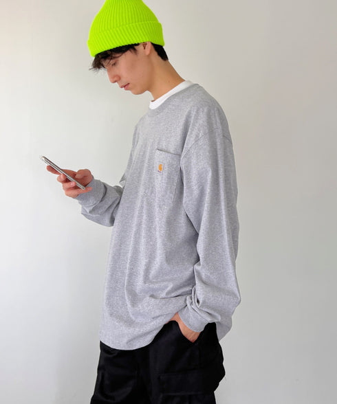 Carhartt(カーハート)/ルーズフィット ロンT ポケT USA規格 ヘビーウェイト ビッグサイズ オーバーサイズ 6.5Oz ユニセックス ポケット付き コットン 長袖 ロンT/K126 | IL2224044 | グレー