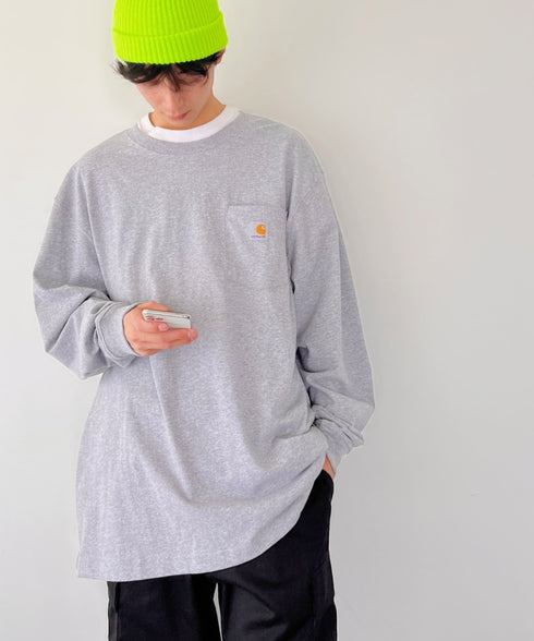 Carhartt(カーハート)/ルーズフィット ロンT ポケT USA規格 ヘビーウェイト ビッグサイズ オーバーサイズ 6.5Oz ユニセックス ポケット付き コットン 長袖 ロンT/K126 | IL2224044 | グレー