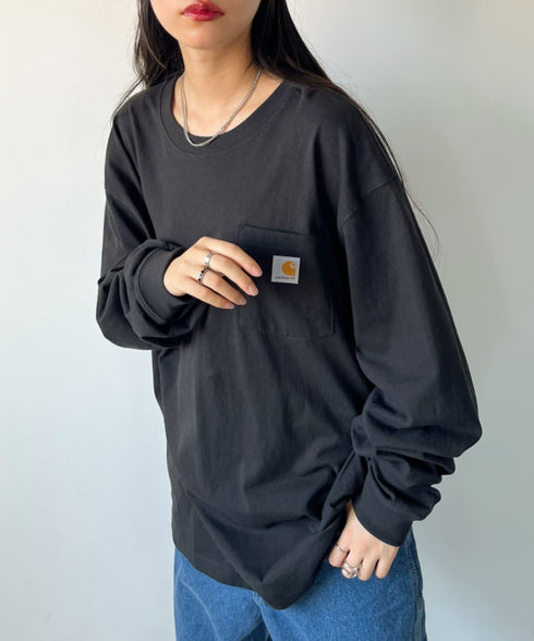 Carhartt(カーハート)/ルーズフィット ロンT ポケT USA規格 ヘビーウェイト ビッグサイズ オーバーサイズ 6.5Oz ユニセックス ポケット付き コットン 長袖 ロンT/K126 | IL2224044 | ブラック