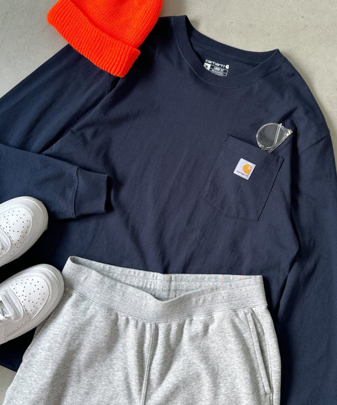 Carhartt(カーハート)/ルーズフィット ロンT ポケT USA規格 ヘビーウェイト ビッグサイズ オーバーサイズ 6.5Oz ユニセックス ポケット付き コットン 長袖 ロンT/K126 | IL2224044 | ネイビー