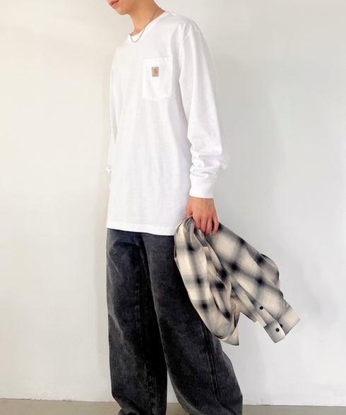 Carhartt(カーハート)/ルーズフィット ロンT ポケT USA規格 ヘビーウェイト ビッグサイズ オーバーサイズ 6.5Oz ユニセックス ポケット付き コットン 長袖 ロンT/K126 | IL2224044 | ホワイト