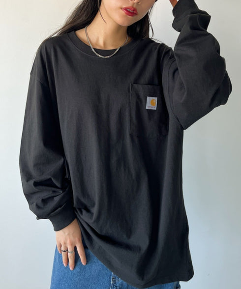 Carhartt(カーハート)/ルーズフィット ロンT ポケT USA規格 ヘビーウェイト ビッグサイズ オーバーサイズ 6.5Oz ユニセックス ポケット付き コットン 長袖 ロンT/K126 | IL2224044 | ブラック