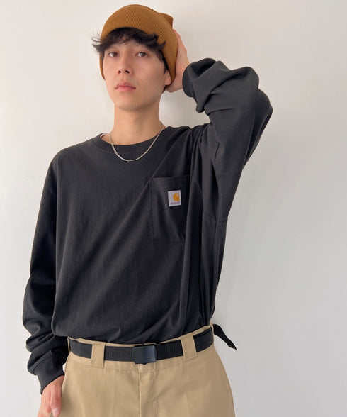 Carhartt(カーハート)/ルーズフィット ロンT ポケT USA規格 ヘビーウェイト ビッグサイズ オーバーサイズ 6.5Oz ユニセックス ポケット付き コットン 長袖 ロンT/K126 | IL2224044 | ブラック