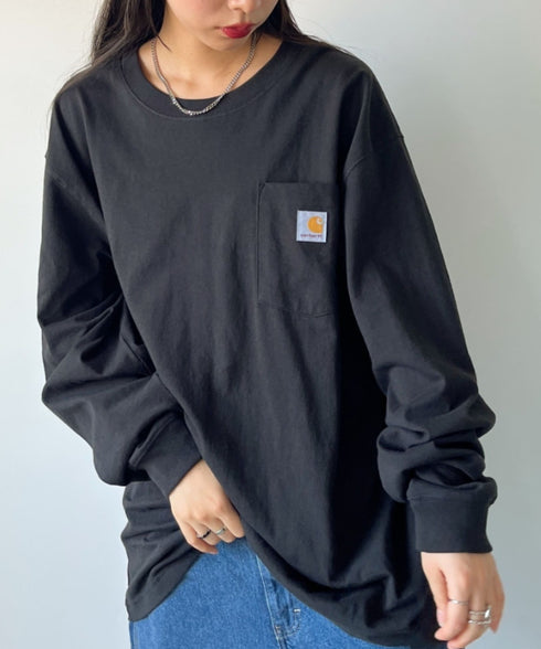 Carhartt(カーハート)/ルーズフィット ロンT ポケT USA規格 ヘビーウェイト ビッグサイズ オーバーサイズ 6.5Oz ユニセックス ポケット付き コットン 長袖 ロンT/K126 | IL2224044 | ブラック