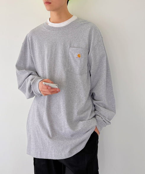 Carhartt(カーハート)/ルーズフィット ロンT ポケT USA規格 ヘビーウェイト ビッグサイズ オーバーサイズ 6.5Oz ユニセックス ポケット付き コットン 長袖 ロンT/K126 | IL2224044 | グレー