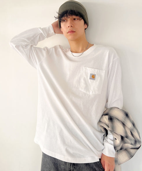Carhartt(カーハート)/ルーズフィット ロンT ポケT USA規格 ヘビーウェイト ビッグサイズ オーバーサイズ 6.5Oz ユニセックス ポケット付き コットン 長袖 ロンT/K126 | IL2224044 | ホワイト