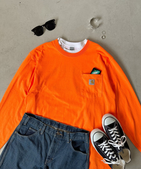 Carhartt(カーハート)/ルーズフィット ロンT ポケT USA規格 ヘビーウェイト ビッグサイズ オーバーサイズ 6.5Oz ユニセックス ポケット付き コットン 長袖 ロンT/K126 | IL2224044 | オレンジ