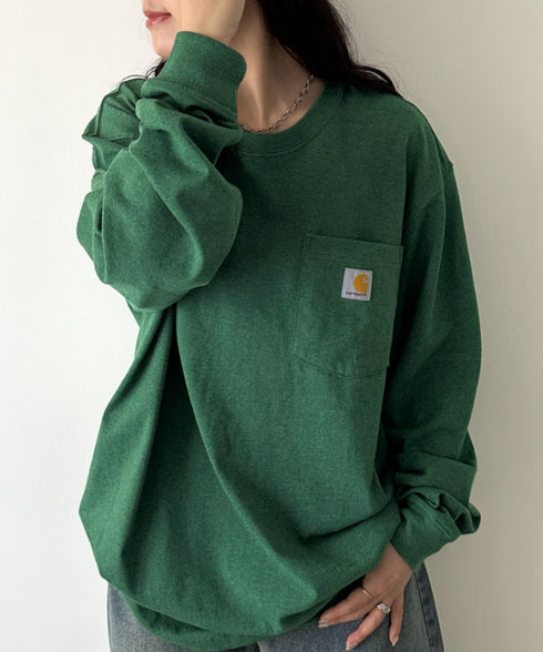 Carhartt(カーハート)/ルーズフィット ロンT ポケT USA規格 ヘビーウェイト ビッグサイズ オーバーサイズ 6.5Oz ユニセックス ポケット付き コットン 長袖 ロンT/K126 | IL2224044 | グリーン